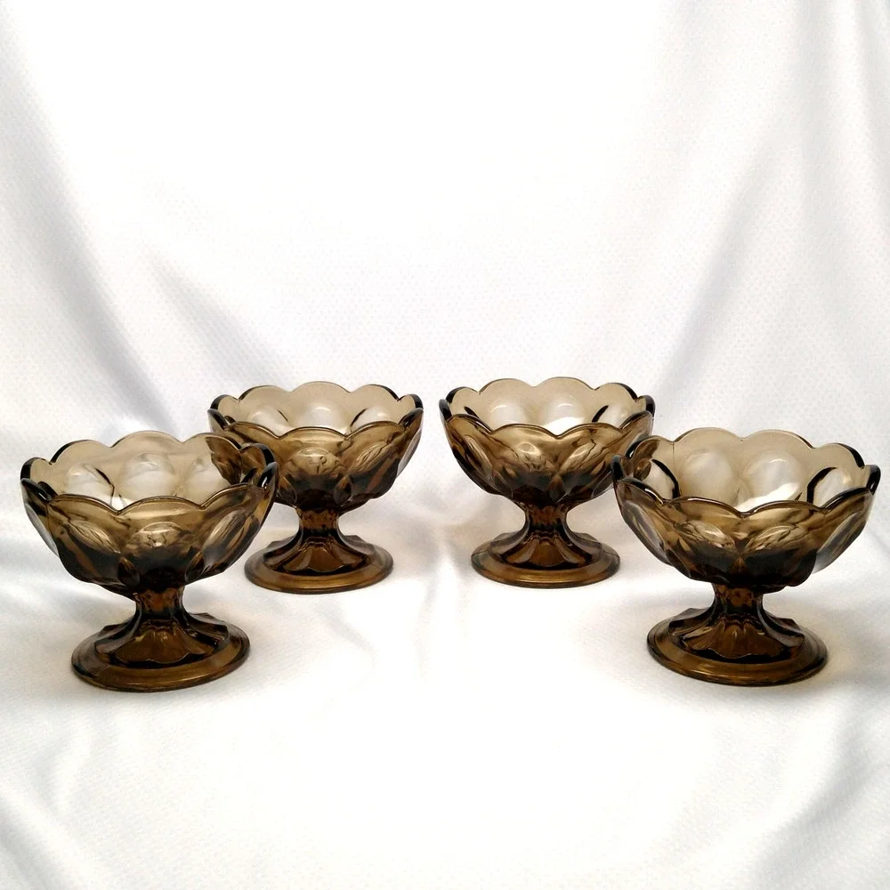 Anchor Hocking Fairfield Smoky Brown Glass Dessert Bowls Pedestal Set of 4 1970s